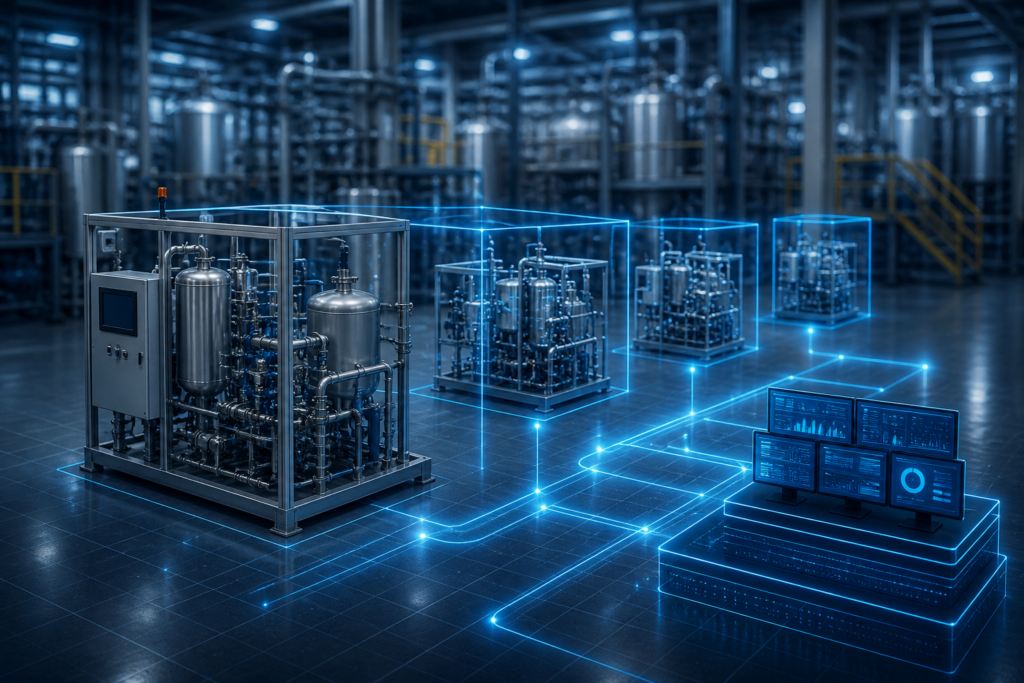 impianto industriale modulare con unità automatizzate e sistemi interconnessi