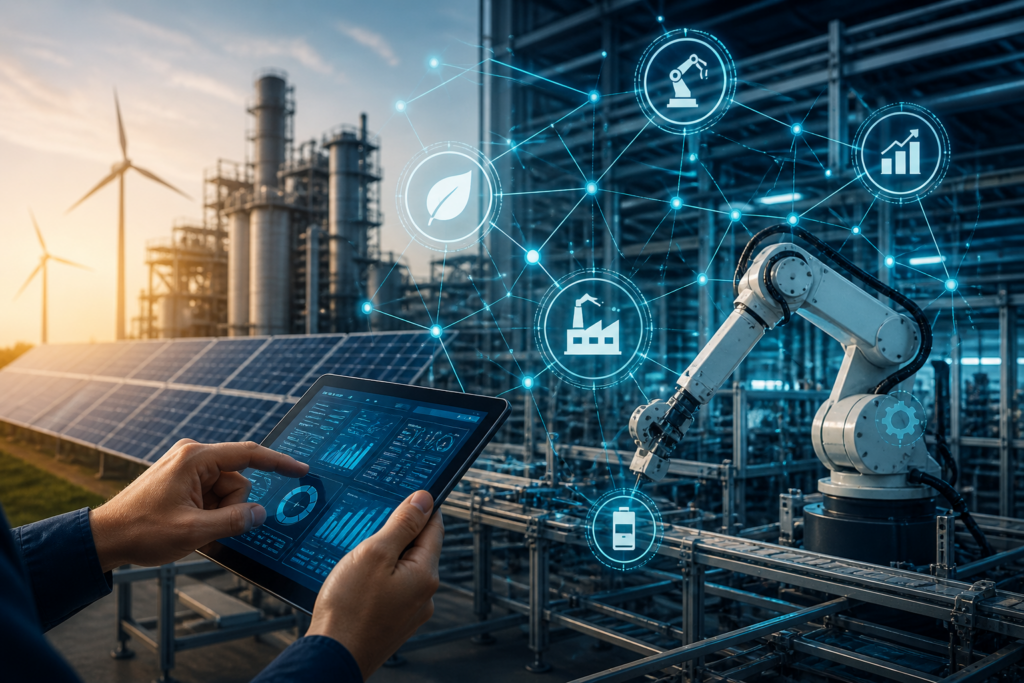 industria 4.0 e 5.0 impianto industriale con automazione robotica e integrazione digitale
