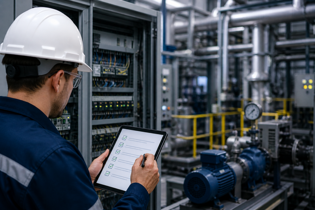 ispezione impianto industriale con tecnico e verifica sistemi di controllo