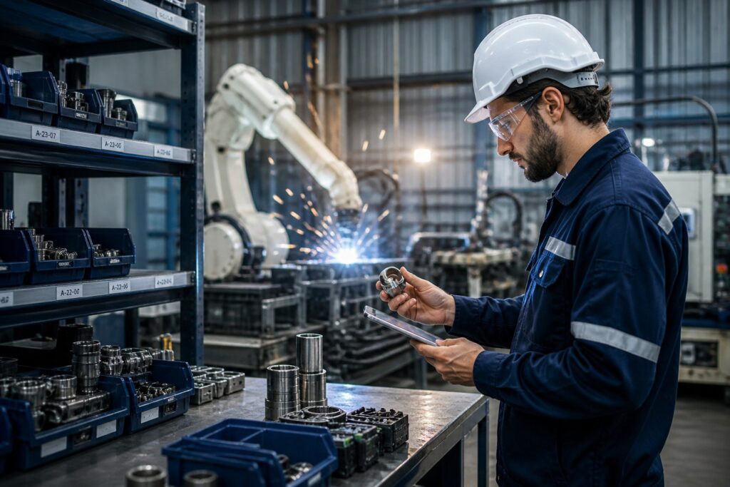 Gestione ricambi OT in impianto industriale con tecnico che verifica componenti e magazzino ricambi