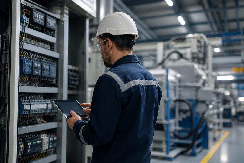 tecnico in impianto industriale durante ispezione iniziale e analisi sistemi
