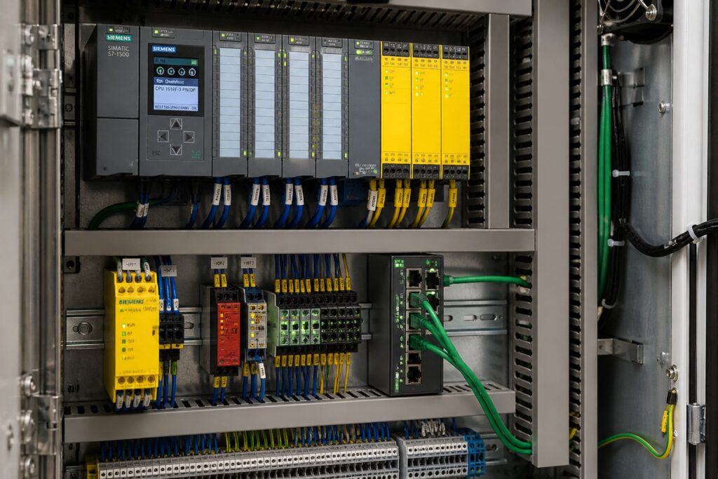 sicurezza macchina norme armonizzate con quadro elettrico industriale aperto PLC e sistema PROFIsafe